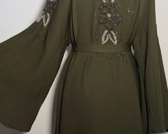 Olive Green Crystal Abaya Free Size | Elegant Beaded Modest Dress | Luxury Kaftan with Back & Sleeve Detail | Eid Evening Wear