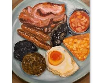 Vibrante pintura al óleo de un plato de desayuno, desayuno irlandés completo, pintura texturizada, arte culinario, obra de arte original