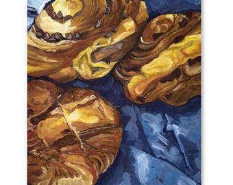 Levendig olieverfschilderij van gebak, Romeins ontbijt getextureerd olieverfschilderij, Italiaanse keukenkunst