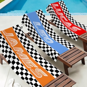 Anpassad racingstrandhandduk, personlig poolhandduk med rutig flagga, flera storlekar, present till strandresa, poolhandduk för sommarsemester, födelsedagspresent