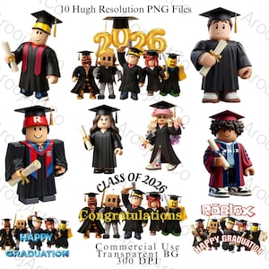 May include: A collection of graduation-themed Roblox figures wearing graduation gowns and caps, holding diplomas. The image includes text that reads "CLASS OF 2026", "Congratulations", and "HAPPY GRADUATION". The figures are in various colors.