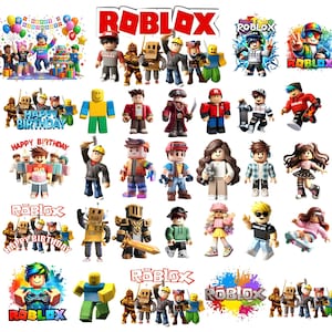 May include: A collection of colorful Roblox character figurines and logos. The image includes various characters in different outfits and poses, along with the Roblox logo and birthday-themed graphics. The overall theme is related to gaming and children's entertainment.