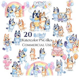 May include: A collection of 20 Bluey watercolor PNG files for commercial use, featuring various illustrations of Bluey and Bingo characters in different poses, with balloons, rainbows, birthday cakes, and a pink car, all rendered in a soft watercolor style.