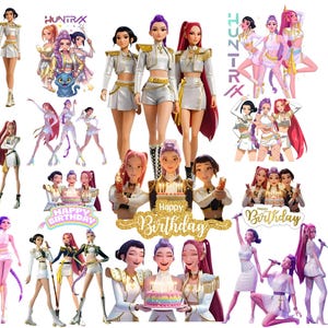 Pode incluir: Uma coleção de bonecas e topos de bolo com um grupo de personagens femininas animadas. As bonecas usam roupas brancas e douradas. Os topos de bolo têm as palavras "Happy Birthday".