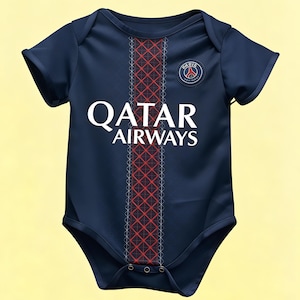 Peut inclure: Body bébé bleu marine avec l'inscription blanche "QATAR AIRWAYS". Le body présente un motif losange rouge et blanc au centre et un logo d'équipe en haut à droite. Le body est à manches courtes.