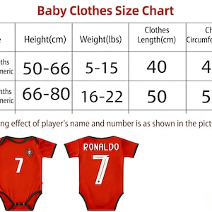May include: A baby clothes size chart with measurements in centimeters and pounds. The chart includes sizes for 6-12 and 12-18 months, with corresponding height, weight, clothes length, and chest circumference. Two red baby onesies with the number 7 are shown.