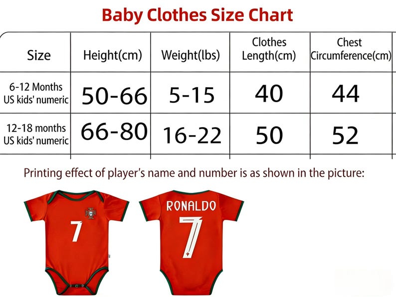 May include: A baby clothes size chart with measurements in centimeters and pounds. The chart includes sizes for 6-12 and 12-18 months, with corresponding height, weight, clothes length, and chest circumference. Two red baby onesies with the number 7 are shown.