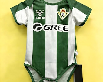 Real Betis romper babyjersey, groen witte strepen, voetbalonesie baby, cadeau voetbalfan