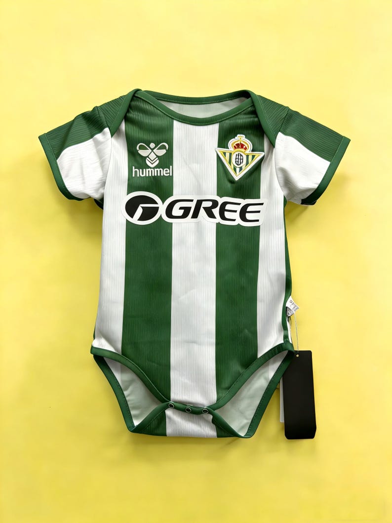 Real Betis Baby Jersey Bodysuit, Green White Stripes, Infant Football Onesie, Soccer Fan Gift image 1