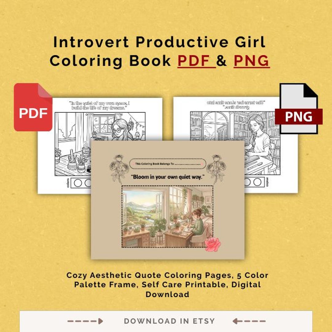 Introvert Productive Girl Coloring Book PDF PNG, Cozy Quote Pages, Self ...