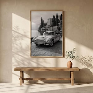 Può includere: Stampa incorniciata in bianco e nero di un'auto d'epoca parcheggiata vicino a un lago e a un grandioso edificio. La stampa è esposta sopra una panca di legno con un vaso di terracotta e vegetazione.