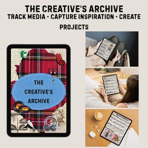 Può includere: Un'agenda digitale intitolata The Creative's Archive con sfondo a quadri rossi, un ovale blu al centro e illustrazioni di forbici, cuffie e dischi. L'agenda mostra pagine di tracciamento dei progetti per file di personaggi e ispirazione.