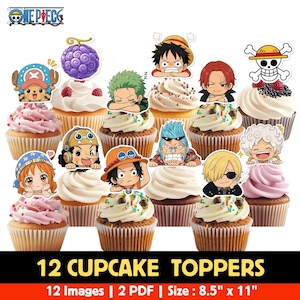 May include: A collection of twelve cupcakes, each topped with a different character from the anime series One Piece. The cupcakes have various frosting colors and are decorated with sprinkles and berries. The image includes the One Piece logo and text that reads "12 CUPCAKE TOPPERS".