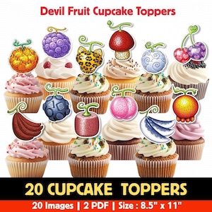 Könnte beinhalten: Eine Sammlung von Cupcakes mit bunten "Devil Fruit" -Toppern. Das Bild zeigt den Text "Devil Fruit Cupcake Toppers" und "20 CUPCAKE TOPPERS". Die Größe beträgt 21,59 cm x 27,94 cm.