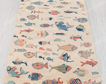 Cream koi Fish Rug, Handmade Wool Area Rug,Hand Knotted Coastal Ocean Rug, Nautical Oushak Rug, Marine Life Carpet, Custom Size, kids room