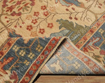 Ivory Blue Wool Area Rug, 8x10 Handmade Hand Knotted Oushak Rug,  Oriental Turkish Rug, Floral handmade Carpet, Custom Size Luxury Rug