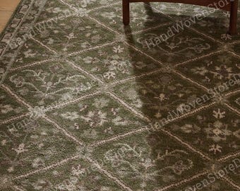 Tapete Oushak Floral Diamond Verde Oliva, feito à mão em lã, tapete verde, tapete de fabricante indiano, tamanho personalizado para sala de estar.