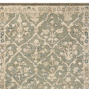 May include: Close-up of a rectangular area rug with a detailed floral pattern. The rug features a central design in muted green and beige tones, with a darker green border. The pattern includes stylized floral and geometric elements.
