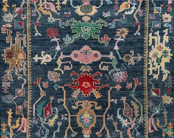 Tapete Oushak Azul Marinho Feito à Mão | Tapete Oushak Turco Artesanal, Tapete de Lã, Tamanho Personalizado Disponível, Tapete Floral Tradicional para Sala de Estar