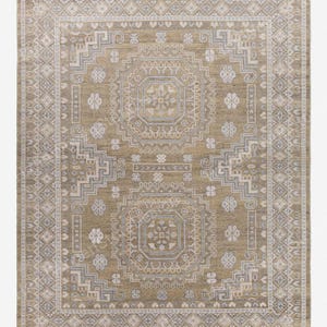 Hand Knotted Oushak Rug - Muted Sage and Gold Wool Area Rug - Vintage Inspired Medallion Rug for Living Room - Large Traditional Hand Tied