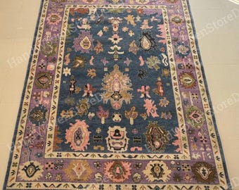 Tapete de lã azul marinho e roxo, tapete turco feito à mão, tapete floral, tapete Oushak feito à mão, tapete personalizado para sala de estar, tapete artesanal