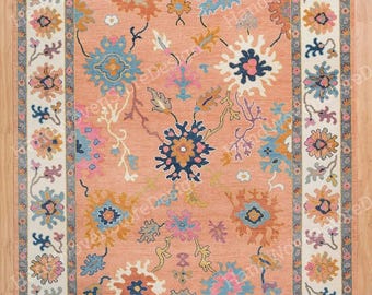 Tapete de lã floral rosa, tapete turco Oushak feito à mão, 8x12, 9x14, tapete artesanal, tapete de luxo para sala de estar, tamanho personalizado disponível em todos os tamanhos.