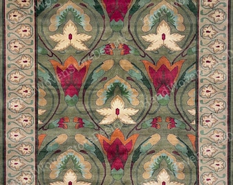 Tapete de lã floral verde e vermelho, tapete turco, tapete Oushak feito à mão, tapete de luxo para sala de estar, tapete premium com flores feitas à mão sob medida