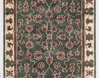 Green hand Knotted Turkish Rug, Handmade oushak Wool Area Rug, Traditional Floral Carpet, Custom Size Living Room Rug craftsmanship rug