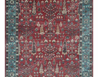 Red Blue Hand Knotted Oushak Rug, Handmade Wool Area Rug, Floral Traditional Indian Rug, Custom Size rug living room craftmanship rug,