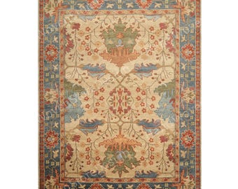 Ivory Blue Wool Area Rug, 8x10 Handmade Hand Knotted Oushak Rug,  Oriental Turkish Rug, Floral handmade Carpet, Custom Size Luxury Rug