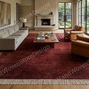 Solid Burgundy Wool Rug | Modern Minimalist Area Rug | Handmade Wool Carpet | Custom Size Rug | Living Room Bedroom Rug all custom size