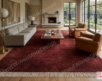 Tapete de lã cor bordô sólido | Tapete moderno e minimalista | Tapete de lã feito à mão | Tapete sob medida | Tapete para sala de estar e quarto (todos os tamanhos sob medida)
