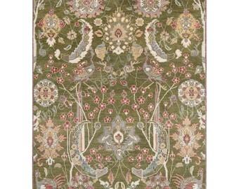 Olive Green Wool Area Rug,Handmade oriantal natural Wool,Hand Knotted Oushak Rug, Turkish Bird Rug, Floral area Carpet, Custom Size Luxury