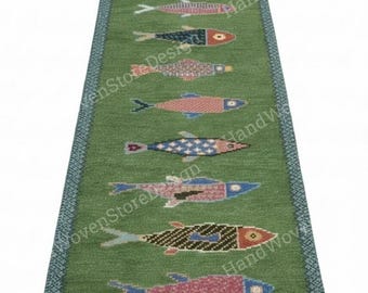Handmade Hand Knotted Fish Runner Rug, Oushak Wool Runner, Green Hallway Runner, Turkish Runner Rug, Custom Size Runner Carpet