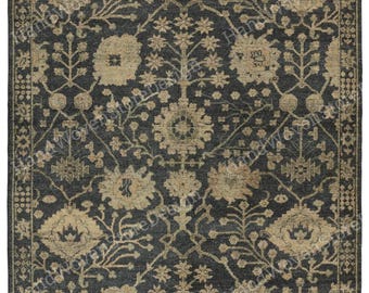 Tapete de lã preto e bege 9x12, tapete turco Oushak feito à mão, tapete sob medida, tapete de luxo para sala de estar, tapete floral tradicional, tapete oriental.
