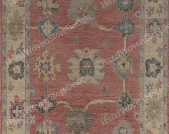 Tapete turco Oushak vermelho ferrugem, tapete de lã feito à mão 9x12, tapete Oushak floral, tapete oriental tradicional com nós, tapete de tamanho personalizado