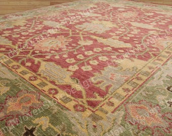 8x10 Pink Sage Green Wool Area Rug, Handmade Turkish Rug, Handmade Hand Knotted Oushak Rug,  Floral area Carpet, Custom Size Luxury Rug,