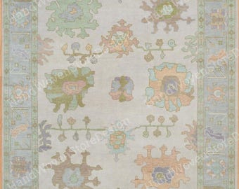 Tapete de lã tecido à mão, tapete Oushak feito à mão, azul marfim, tapete floral bege, tapete moderno neutro para sala de estar, tapete sob medida.