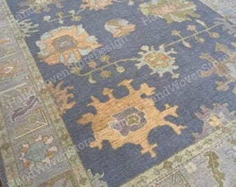 Tapete turco Oushak de lã, tecido à mão, 2,74 x 3,66 m, com estampa floral azul, tapete oriental artesanal, tapete tradicional para sala de estar.