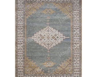 Blue Beige Wool Area Rug,8x10 Handmade Turkish Oushak Rug, Handmade Hand Knotted Oushak Rug,  Custom Size Carpet, Luxury Living Room Decor