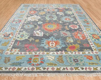 Tapete de lã floral cor carvão, tapete turco feito à mão, tapete Oushak feito à mão com nós, tapete Oushak floral de luxo para sala de estar, tapete sob medida.