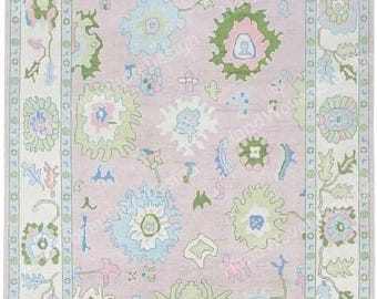 Tapete de lã floral rosa 8x10, tapete turco feito à mão, tapete Oushak feito à mão, tapete Oushak, tapete de luxo personalizado para sala de estar