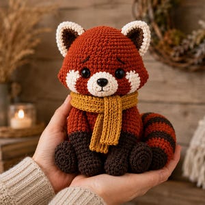 Op de afbeelding: Een gehaakte rode panda knuffel met een roestkleurig lichaam, donkerbruine ledematen en een gestreepte staart. Het pluche speelgoed heeft witte accenten op de oren en het gezicht, zwarte plastic ogen en draagt een mosterdgele gebreide sjaal.