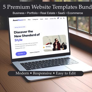 May include: A laptop displaying a website template with the text "5 Premium Website Templates Bundle". The screen shows a website with the words "Discover the New Standard of Style". The laptop is on a wooden surface.