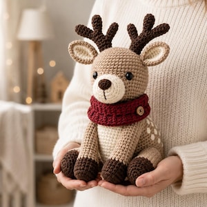 Puede incluir: Un peluche de reno tejido a ganchillo con cuerpo color canela claro, astas, pezuñas y nariz de color marrón oscuro, y hocico y vientre color crema. El reno lleva una bufanda de ganchillo color rojo oscuro con un pequeño botón de madera.