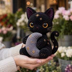May include: A black crocheted cat plush toy with large amber eyes, pointed ears with purple inner details, and gold embroidered star accents. The cat holds a grey crocheted crescent moon with a stitched face and gold star embroidery.