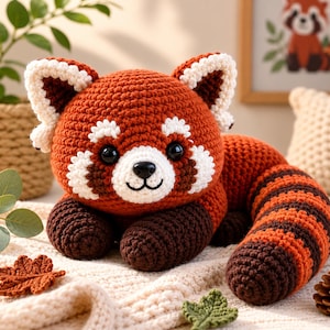 May include: A handcrafted crochet red panda plush toy featuring a round head with white and rust-orange yarn, dark brown paws, and a long, striped tail. The stuffed animal has black plastic eyes, a black nose, and a stitched mouth, with white inner ears.