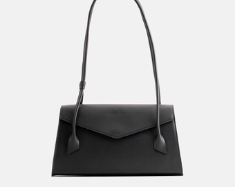Black Leather Tote bag - Minimalist Bag with Geometric Flap | ALVERA