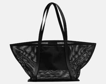 Black Mesh Tote Bag, Astra Shopper with Full-Grain Leather Straps and Base