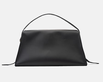 Vela Leather Shoulder Bag, Italian Full-Grain Cowhide, Sculptural Trapezoid Shape